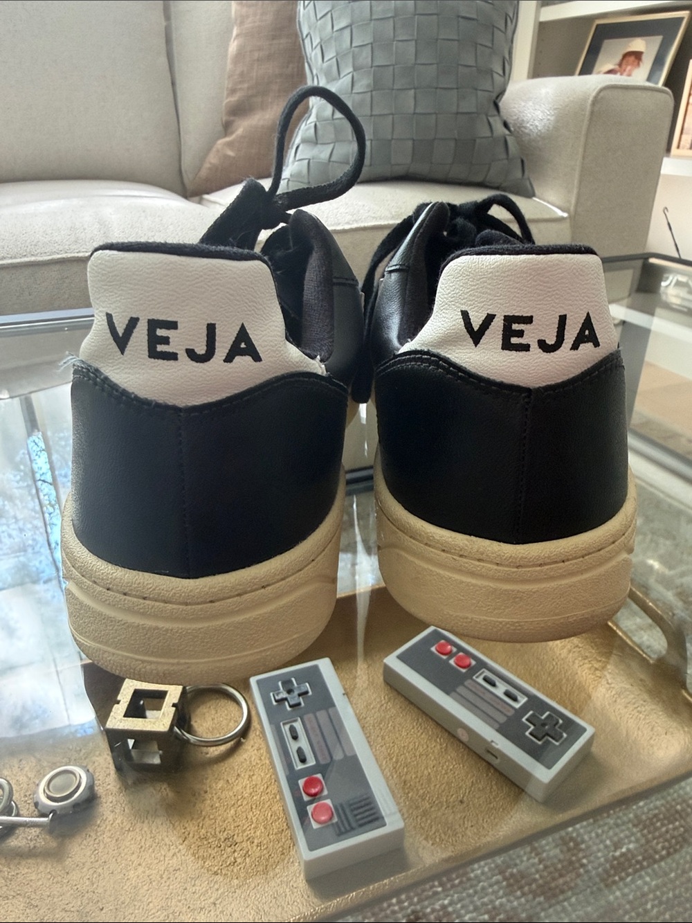 Veja Black and White Leather Low-Top Sneakers
